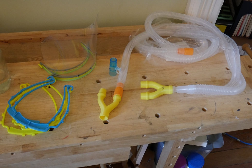 (left to right) 3D printed headbands, face shields and Y Ventilator connector pieces.