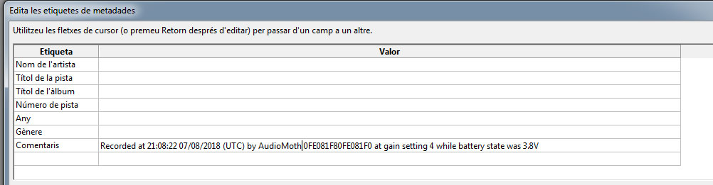 WAV headers with non-recognisable AudioMoth ID content media