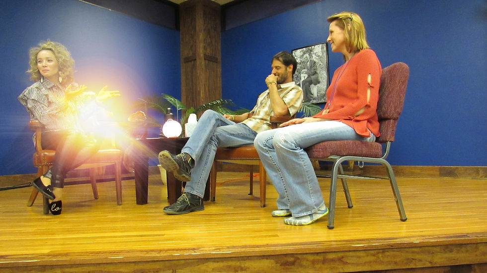 Leslie Juvin-Acker with couple on stage at Edgar Cayce's A.R.E. in Virgina Beach, VA
