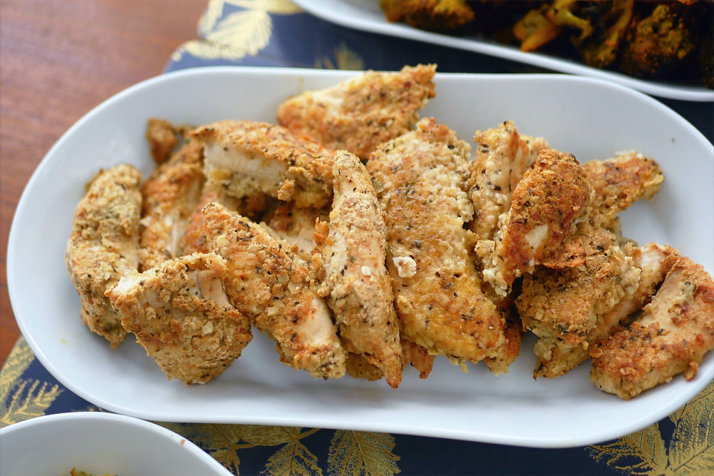 Oat baked chicken tenders with a herb crust.