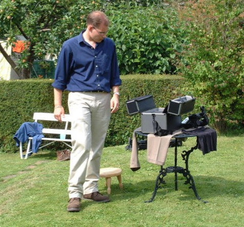 Mark Caldwell walking away in disgust from a dead Canon XL1 camera on a film set in 2001