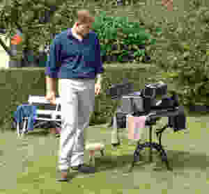 Mark Caldwell walking away in disgust from a dead Canon XL1 camera on a film set in 2001