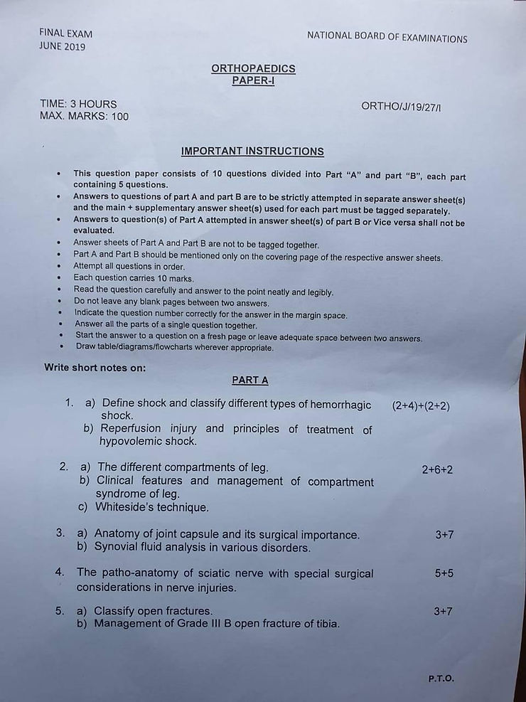 June 2019 DNB Orthopaedics theory exam Question papers