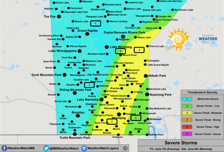Thunderstorm Forecast, for Southern Manitoba. Issued June 7th, 2019.