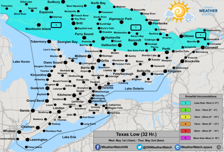 Snowfall Forecast, for Southern Ontario. Issued April 30th, 2019.