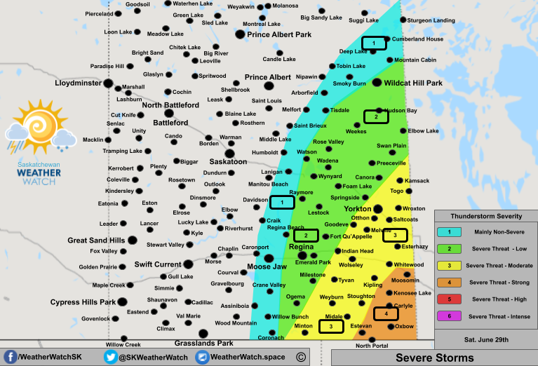 Thunderstorm Forecast, for Southern Saskatchewan. Issued June 29th, 2019.