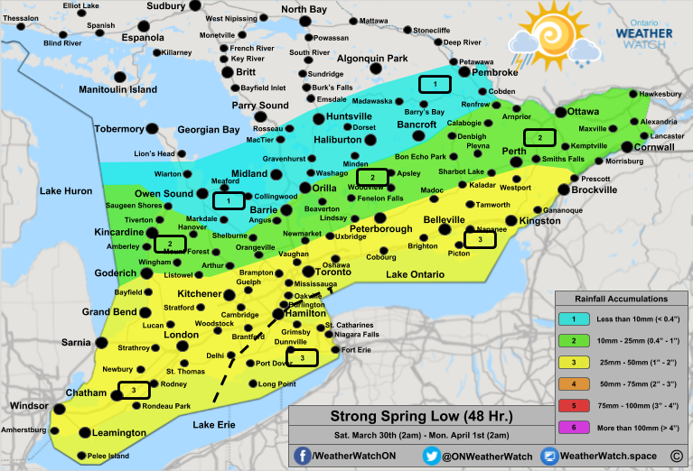 Rainfall Forecast, for Southern Ontario. Issued March 30th, 2019.