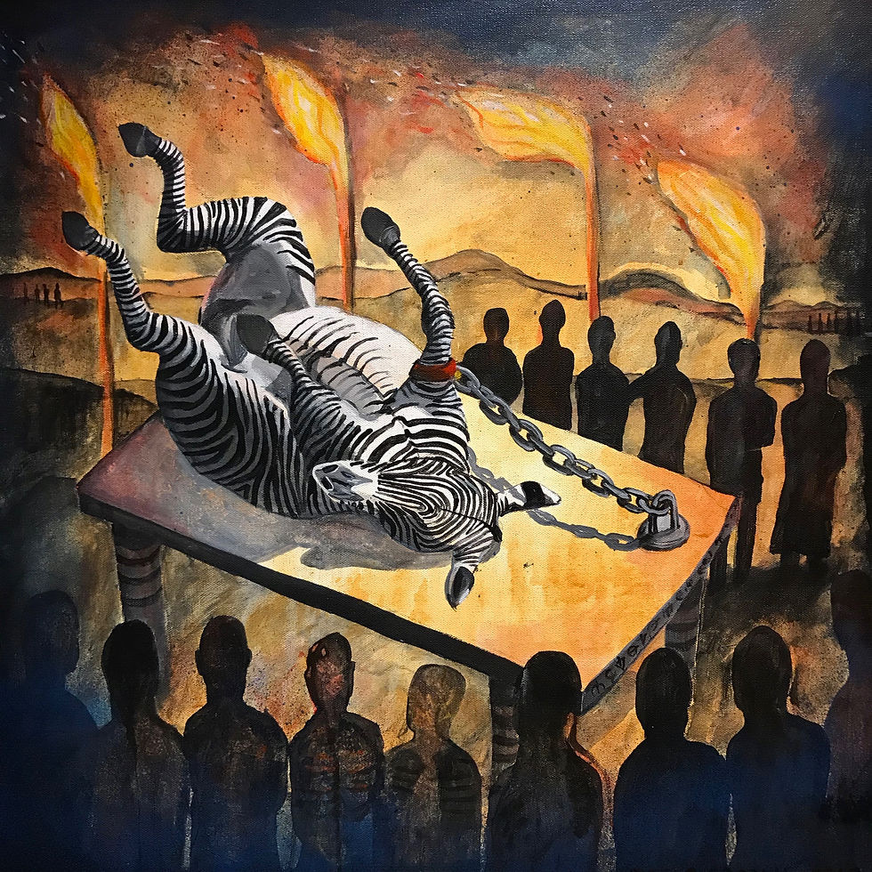 Zebra on a table with people surrounding the table with fires burning