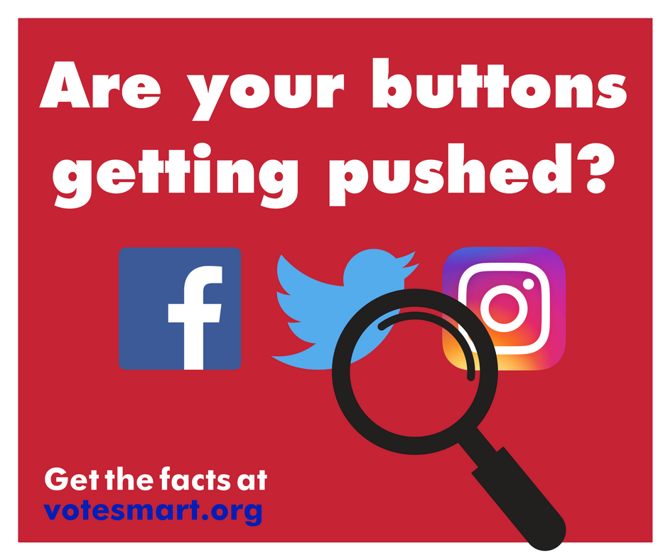 Graphic depicting a magnifying glass examining several social media icons and urging users to get the facts at VoteSmart.org
