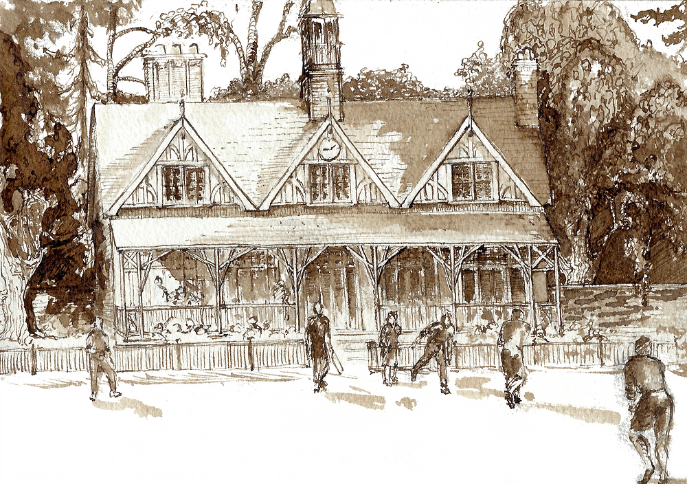 cricket pavilion, cricket, cricket match, architecture, oxford, oxford sketch,