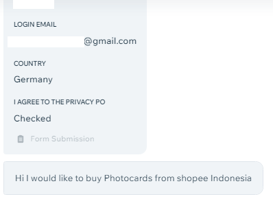 "Hi I would like to buy Photocards from Shopee Indonesia" inquiry from Germany content media