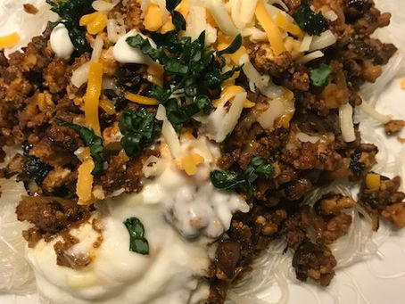 Tofu Walnut Sloppy Joe's on Green Bean Noodles