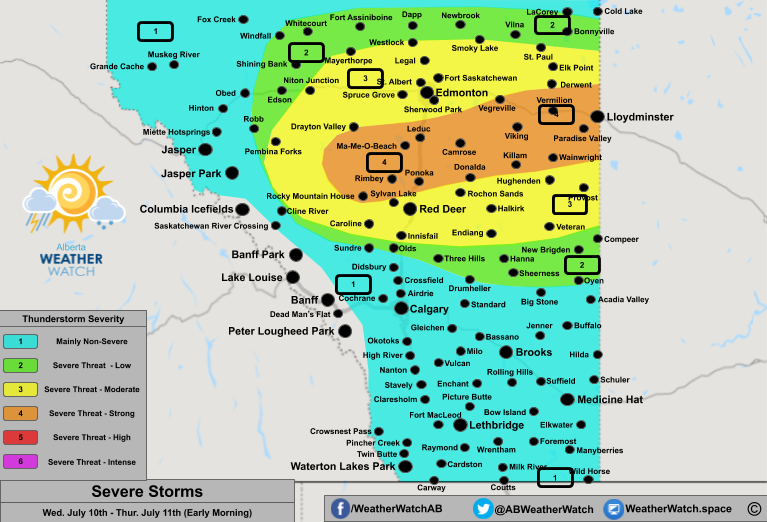 Thunderstorm Forecast, for Southern Alberta. Issued July 10th, 2019.