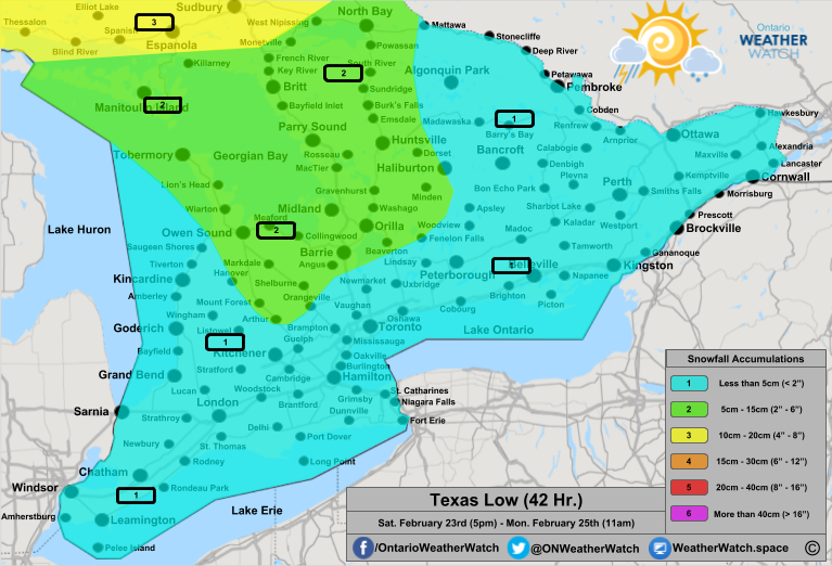 Snowfall Forecast, for Southern Ontario. Issued: February 23rd, 2019.