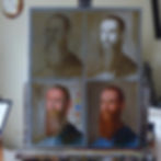 Four-step progression of an oil painting on a single canvas demonstrating the glazing technique, showing the raw sienna drawing, bistre underpainting, first colour glazes, and final refined layers.