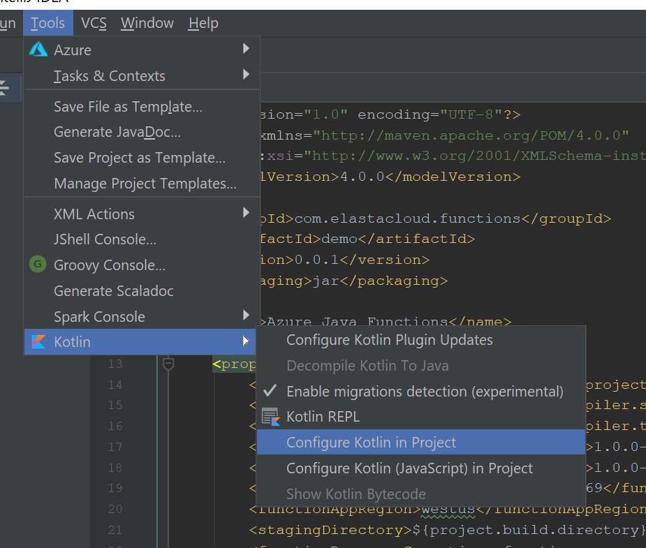 Configuring Kotlin in the project from the Tools menu