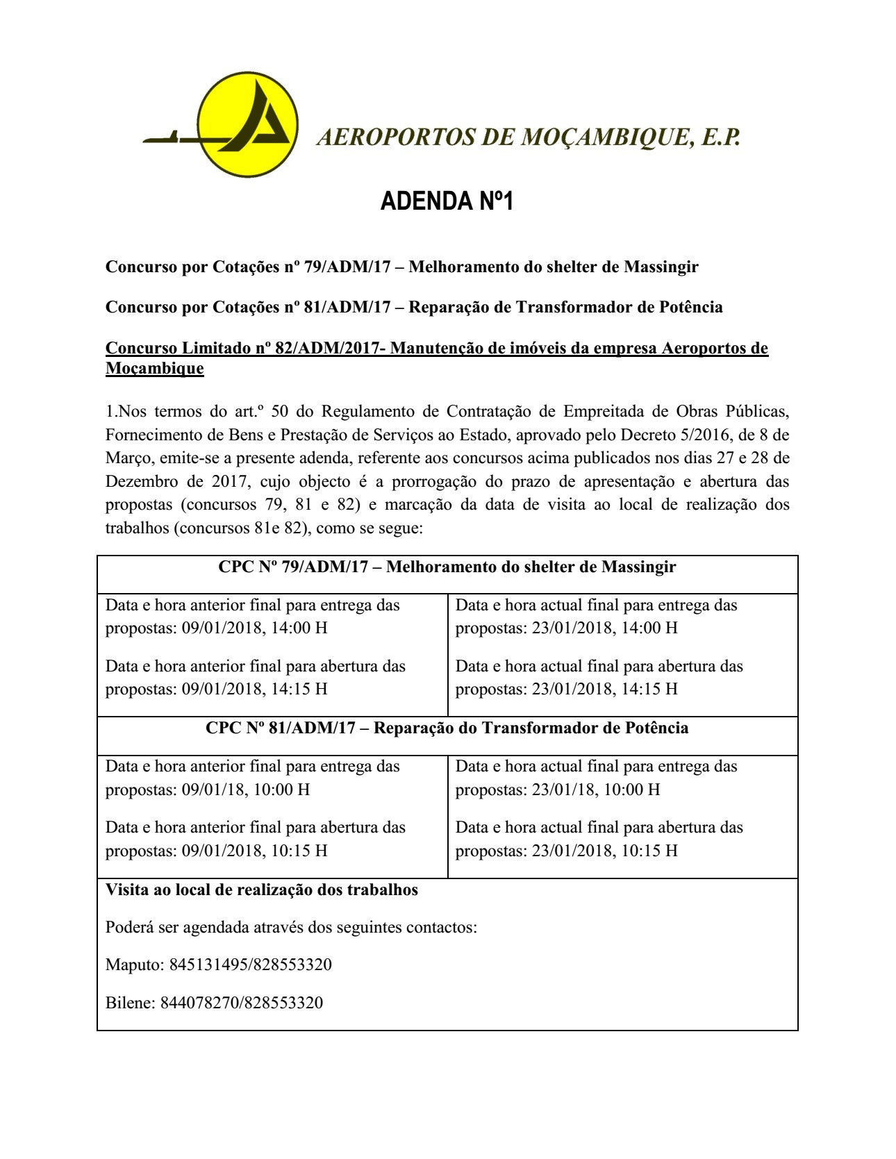 ADENDA Nº1 CONCURSO POR COTAÇÕES Nº 79/ADM/17 e 81/ADM/17 content media
