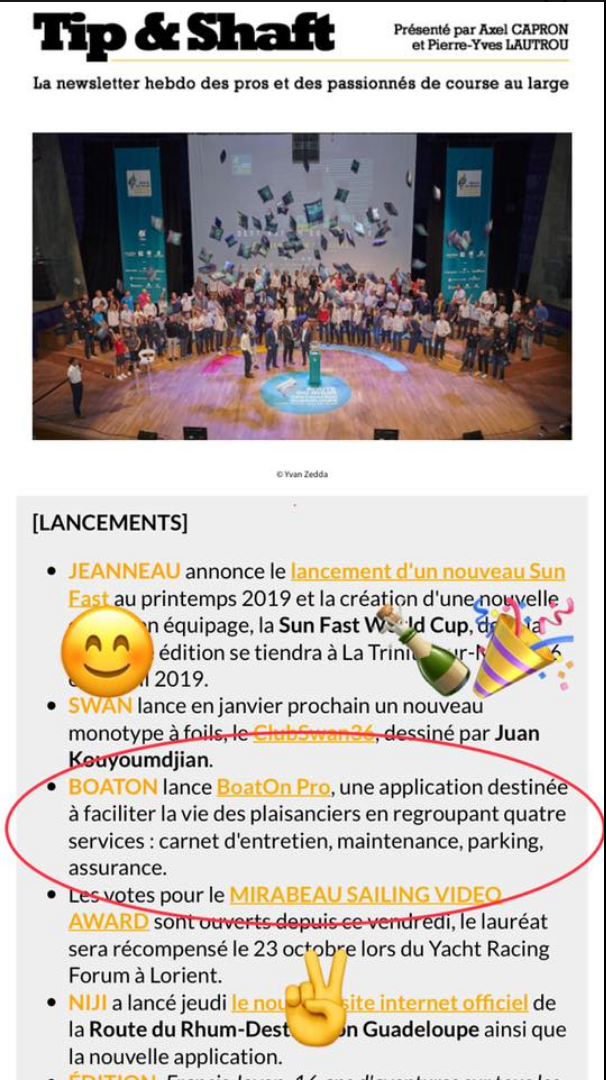 Newsletter Tip & Shaft sur BoatOn