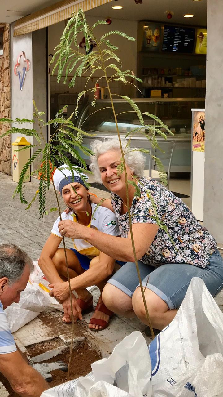 Luiz, Joana e Idanice plantando as mudas de Acácia-Amarela na calçada da Rua Nove de Julho, no Centro de Vinhedo, em frente à Sorveteria Ideal