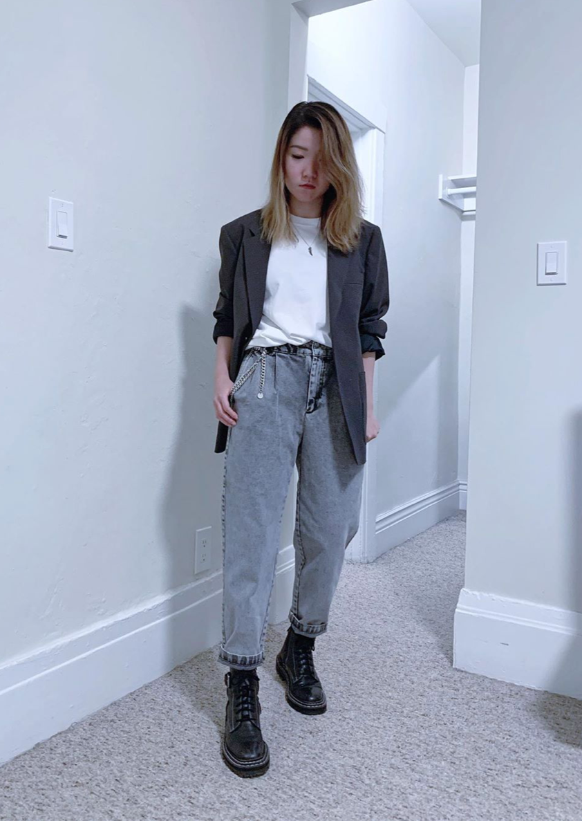 White tee, grey jeans, blazer, black military boots outfit by petitestylereport, RollingBear Travels blog.