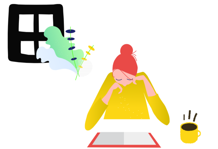 A young girl leaning over a book and a cup of coffee. In the background is a window overlapped by some plant leaves.