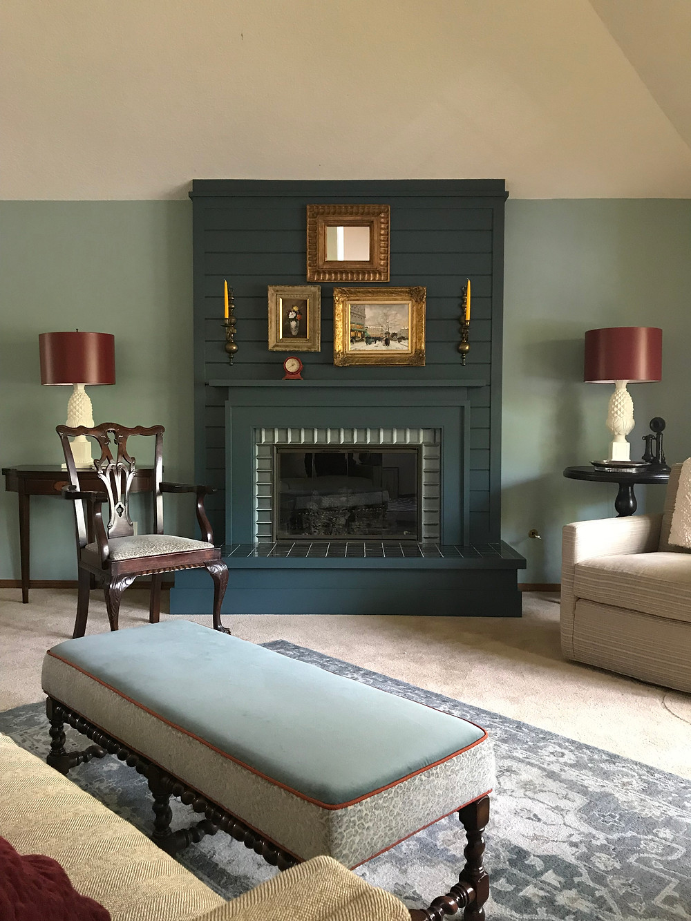 painted lamps, green fireplace, remodel, antiques, old and new living room, living room, green living room, HC-133, Yorktown Green, Ben Moore HC-133, reused, repurpose, pineapple lamps, remodel, new fireplace surround, classical architecture