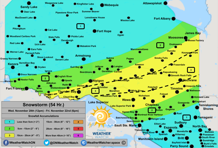 Snowfall Forecast, for Northern Ontario. Issued November 20th, 2019.