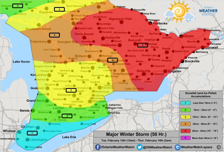 Snowfall Forecast, for Southern Ontario. Issued: February 11th, 2019.