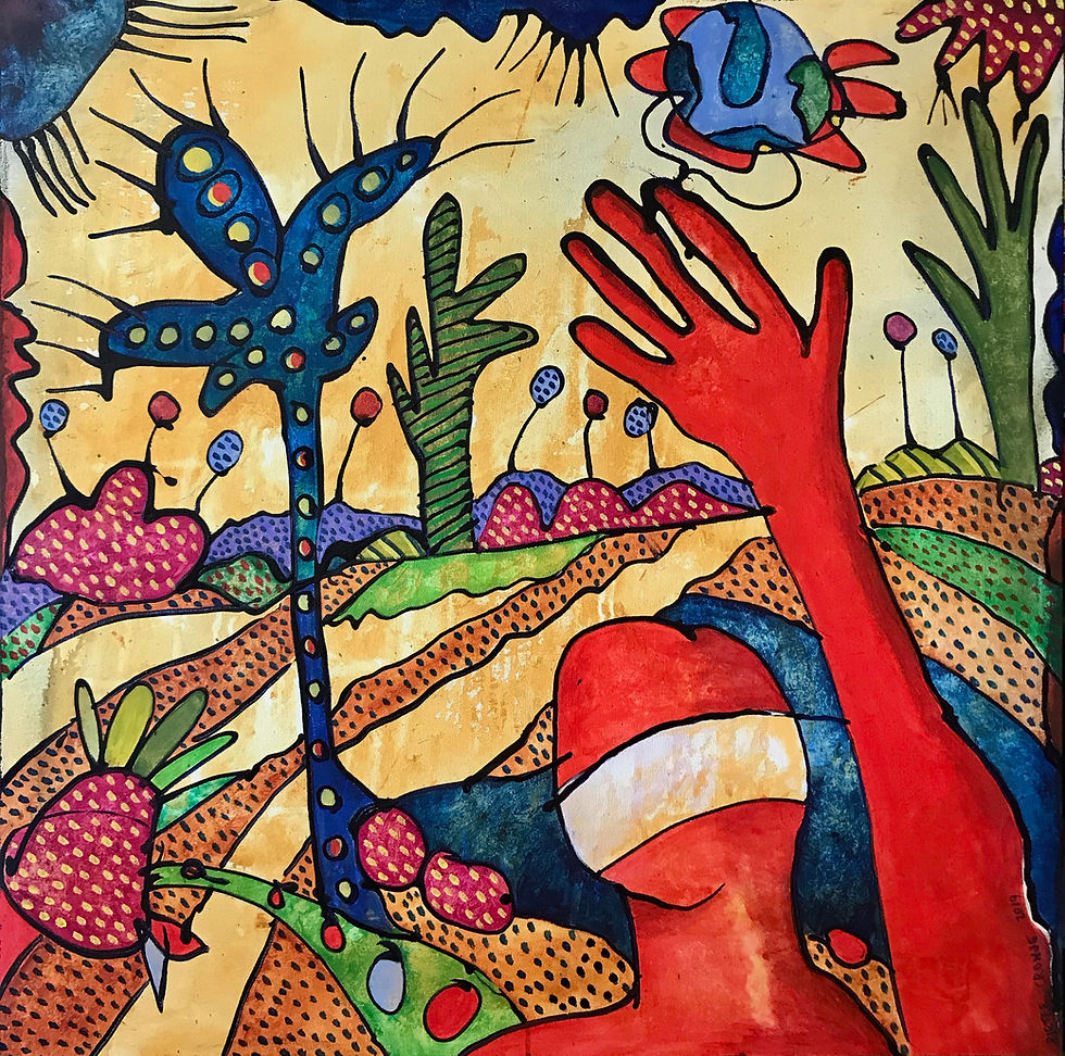 Painting of a man reaching out to the burning earth