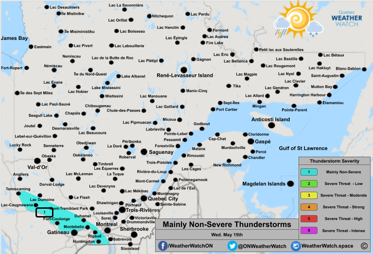 Thunderstorm Forecast, for Southern Quebec. Issued May 15th, 2019.