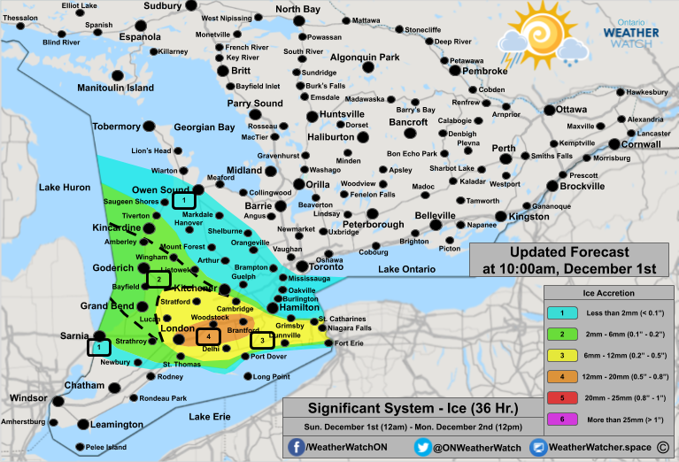 Freezing Rain Forecast, for Southern Ontario. Issued December 1st, 2019. - Updated at 10am