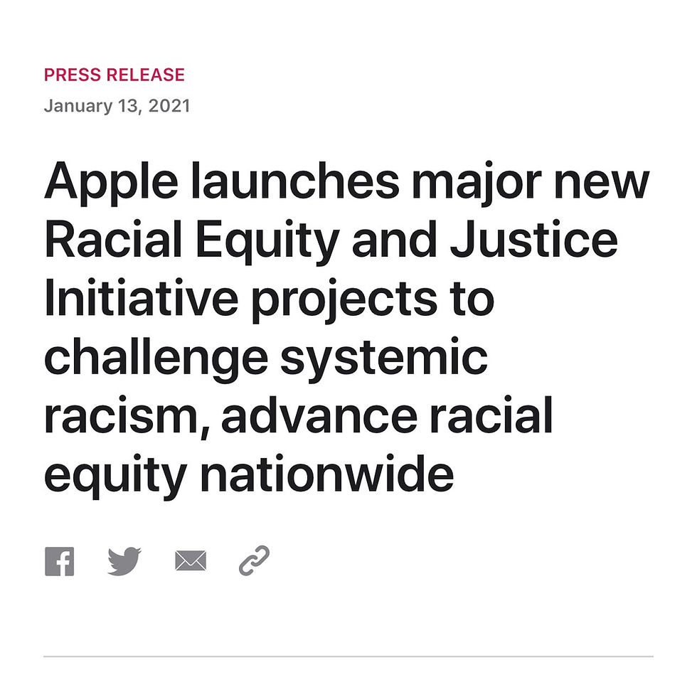 Press release stating that Apple has launched new itiative to challenge systematic racism, advance racial equity. 