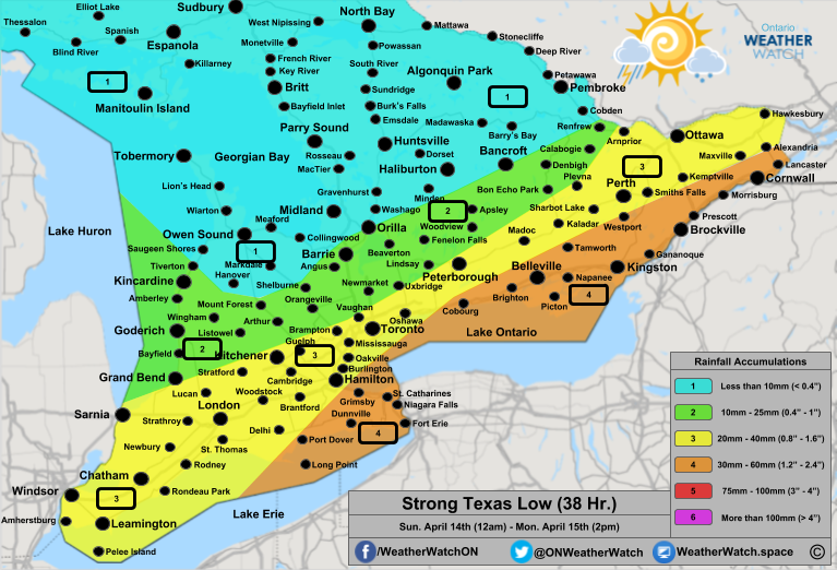 Rainfall Forecast, for Southern Ontario. Issued April 13th, 2019.