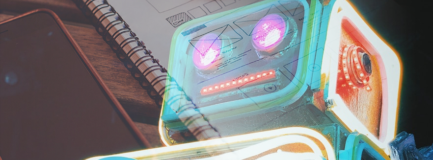 Robot overlaid on Sketch pad with wireframes. Pixelated People