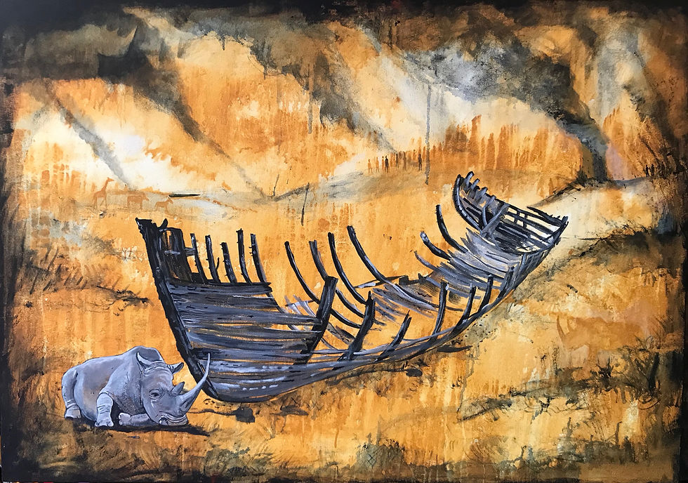 Rhino lying next to a wreck of a wooden ship. With so many species on the brink of extinction and pollution destroying our planet we need a modern Noah to save our species from extinction. We all have to work together in this endeavour. # PieterCronjeArt #SaveourPlanet #SavetheRhino