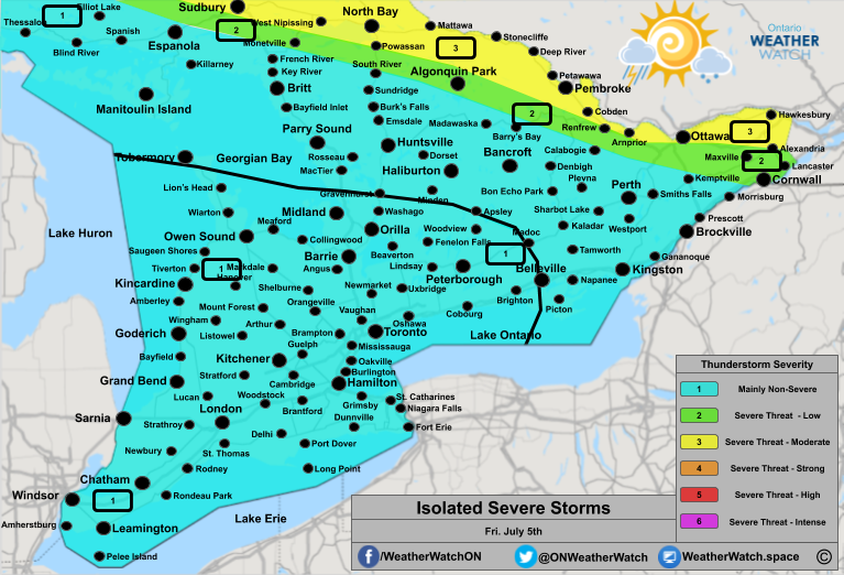 Thunderstorm Forecast, for Southern Ontario. Issued July 5th, 2019.