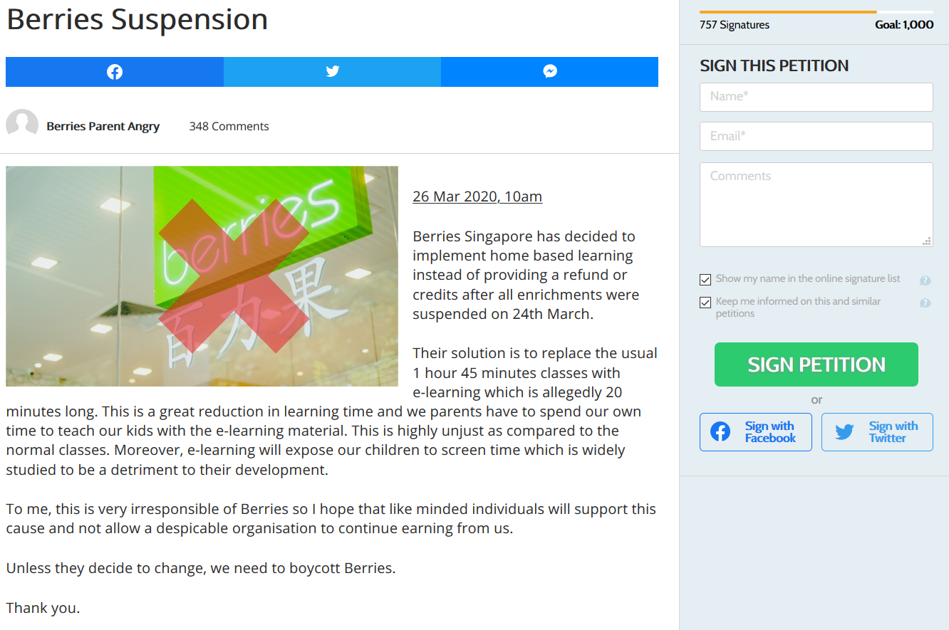Petition to boycott Berries Singapore 百力果学习丰收园 content media