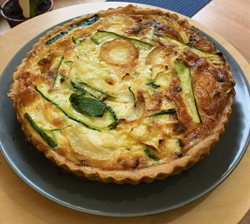 Caramelised onion, goat's cheese and courgette quiche recipe