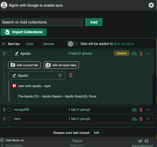 Tabox colored collection titles and colored grouping lines content media