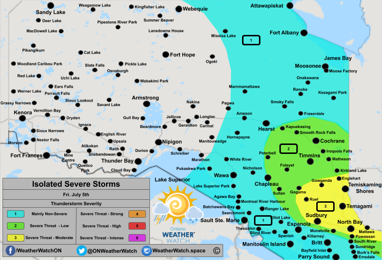Thunderstorm Forecast, for Northern Ontario. Issued July 5th, 2019.