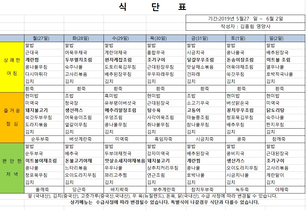 5월 4주차 식단표 입니다. content media