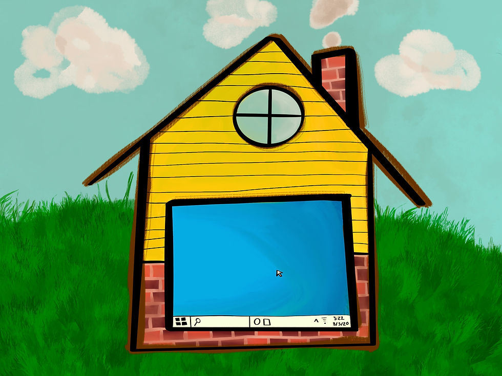 a cartoon picture of a yellow and brick house. Instead of windows and doors, there is an empty blue computer backdrop. Behind the house, there is a bright blue sky with white clouds and green grass.