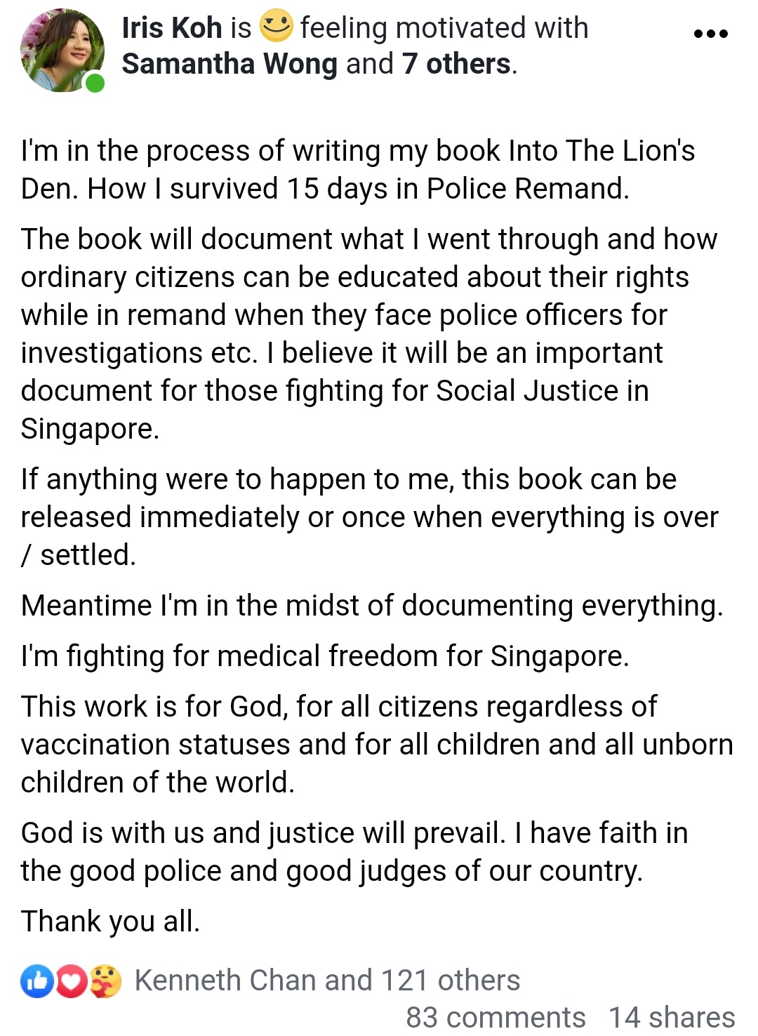 Iris Koh is currently writing her book titled "Into The Lion's Den" content media