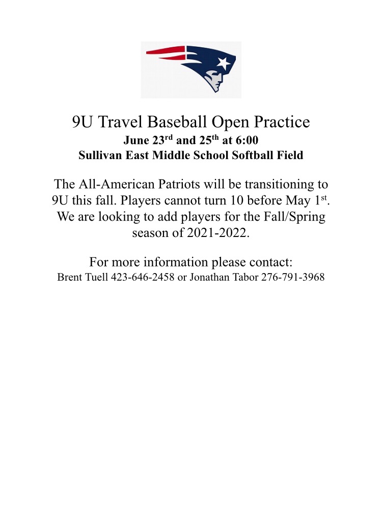 9U All-American Patriots
Open Practice. Looking for players for the upcoming Fall/Spring 2021-2022 Season content media