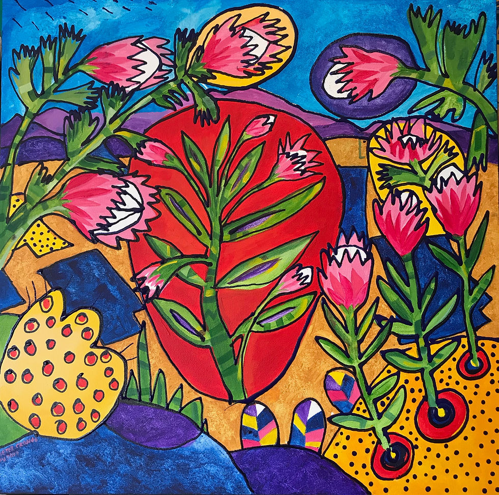 Fun painting of Cape Fynbos - Proteas  Nov 2019 #PieterCronjeArt #Proteas #Fynbos Acrylic on canvas 80 x 80 cm
