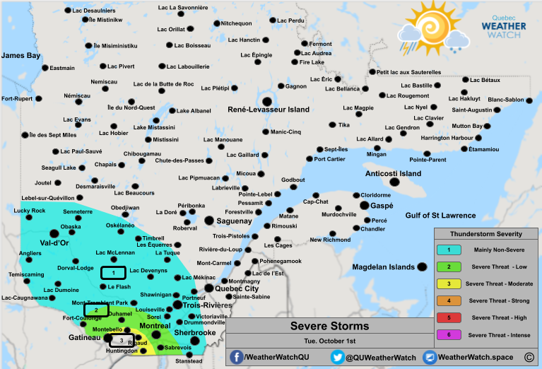 Thunderstorm Forecast, for Southern Quebec. Issued October 1st, 2019.