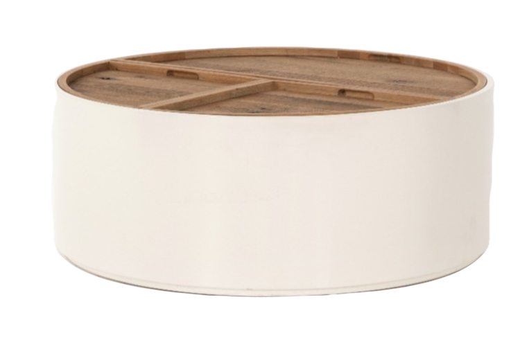 Round coffee table with cream sides, wood top opens for storage