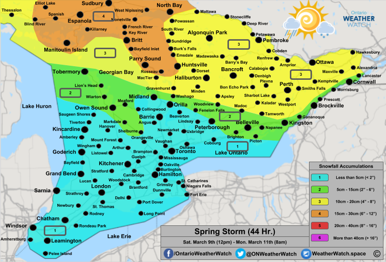 Snowfall Forecast, for Southern Ontario. Issued March 9th, 2019.