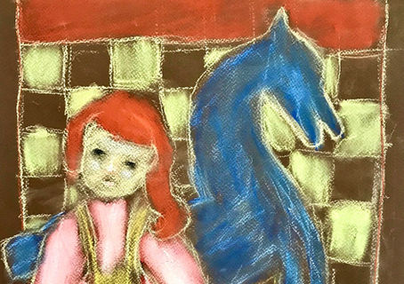 Dessin - Pastels -La poupée, le cheval et le damier 