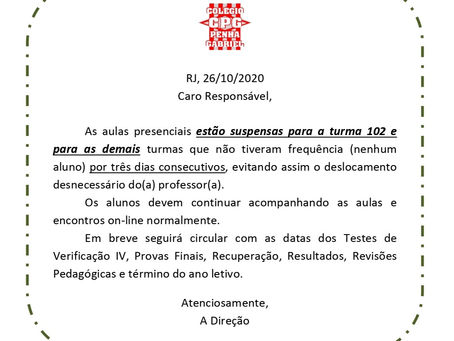 Suspensão das Aulas Presenciais - Circular 26/10/2020